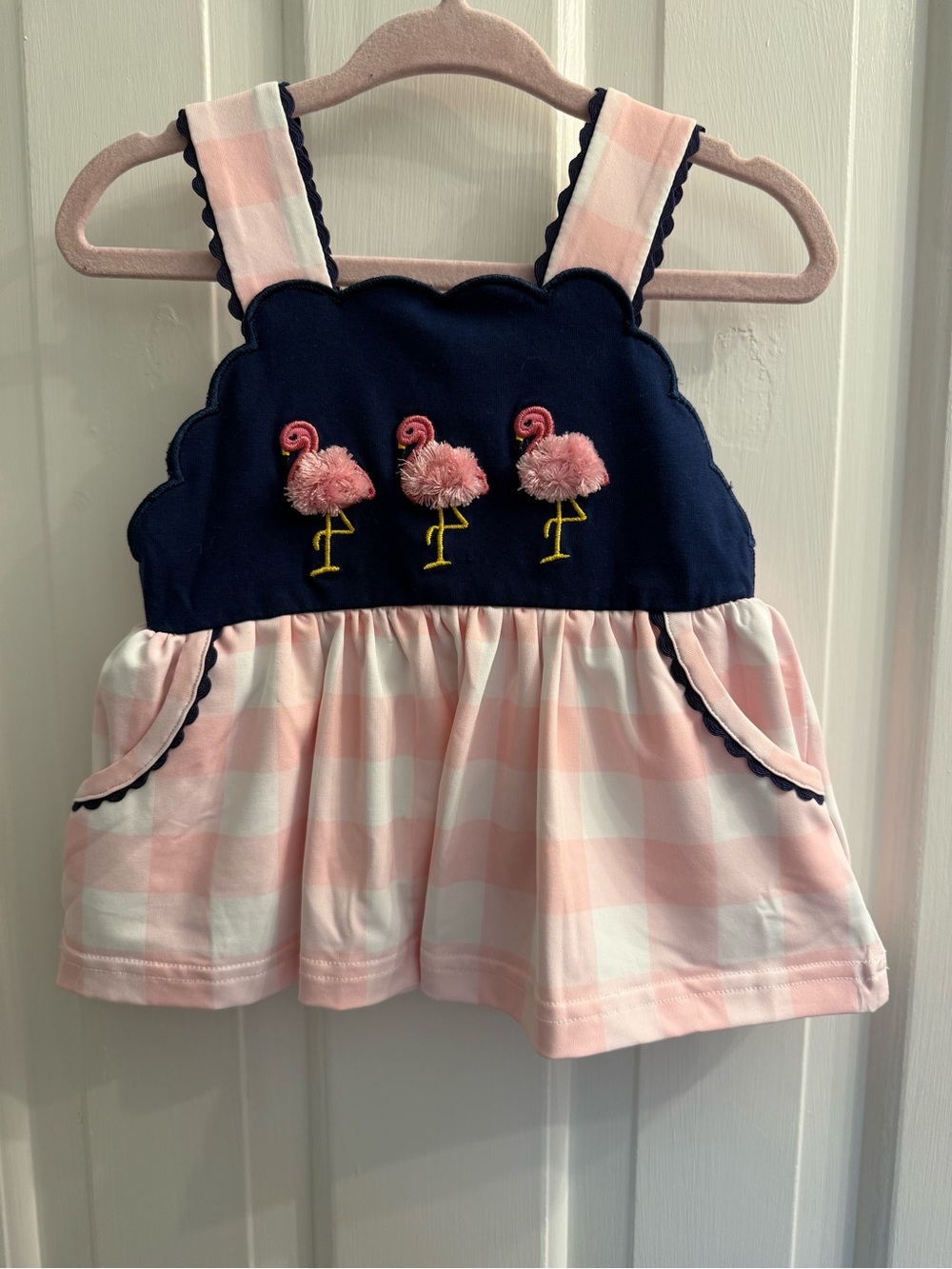 Smocked Flamingo Baby Girl Pink Gingham Flamingo Top & Bloomer Set 12M